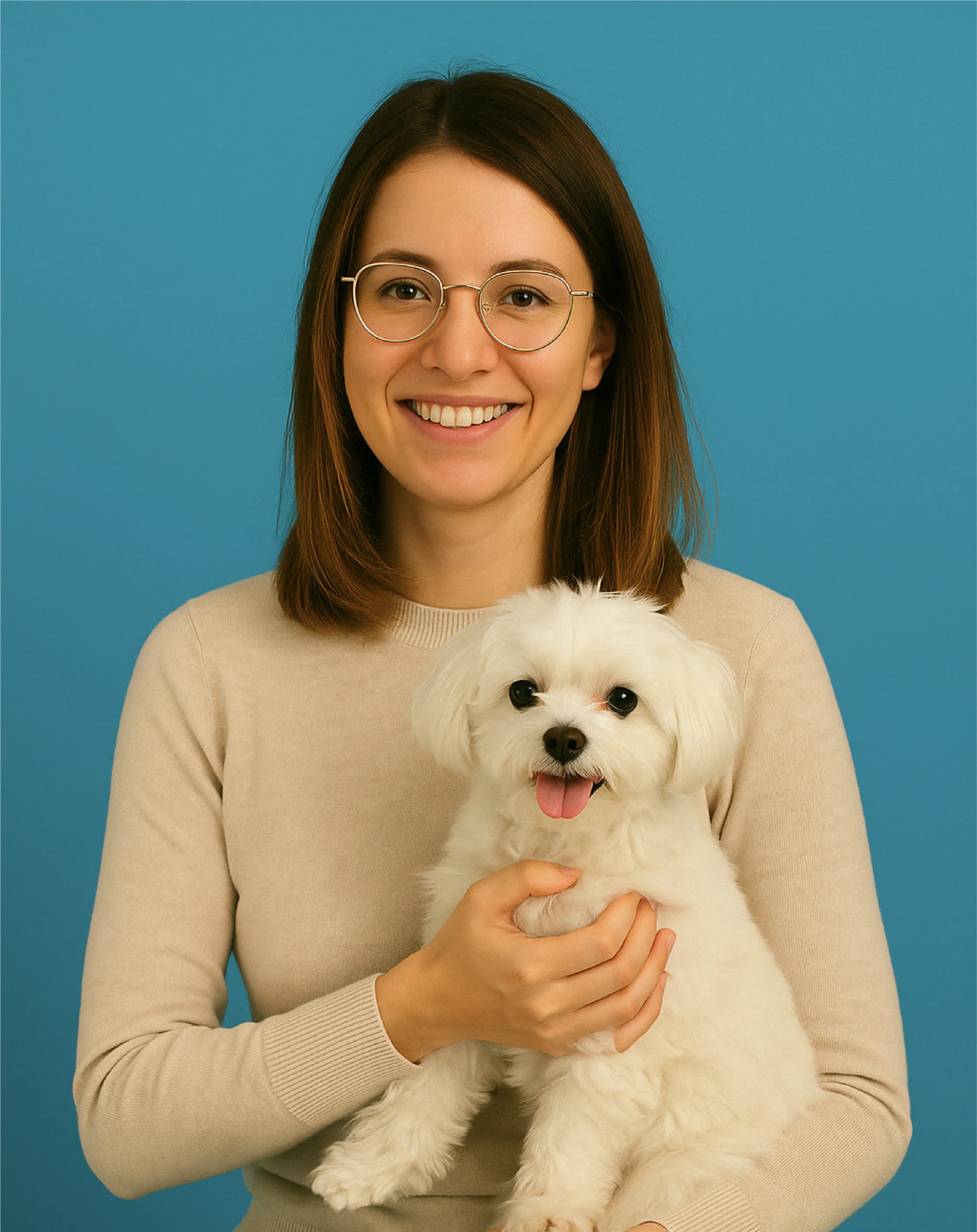 Giulia Ferri sorride tenendo in braccio la sua cagnolina bianca Trilly, su sfondo azzurro, come testimonial di Collar Club