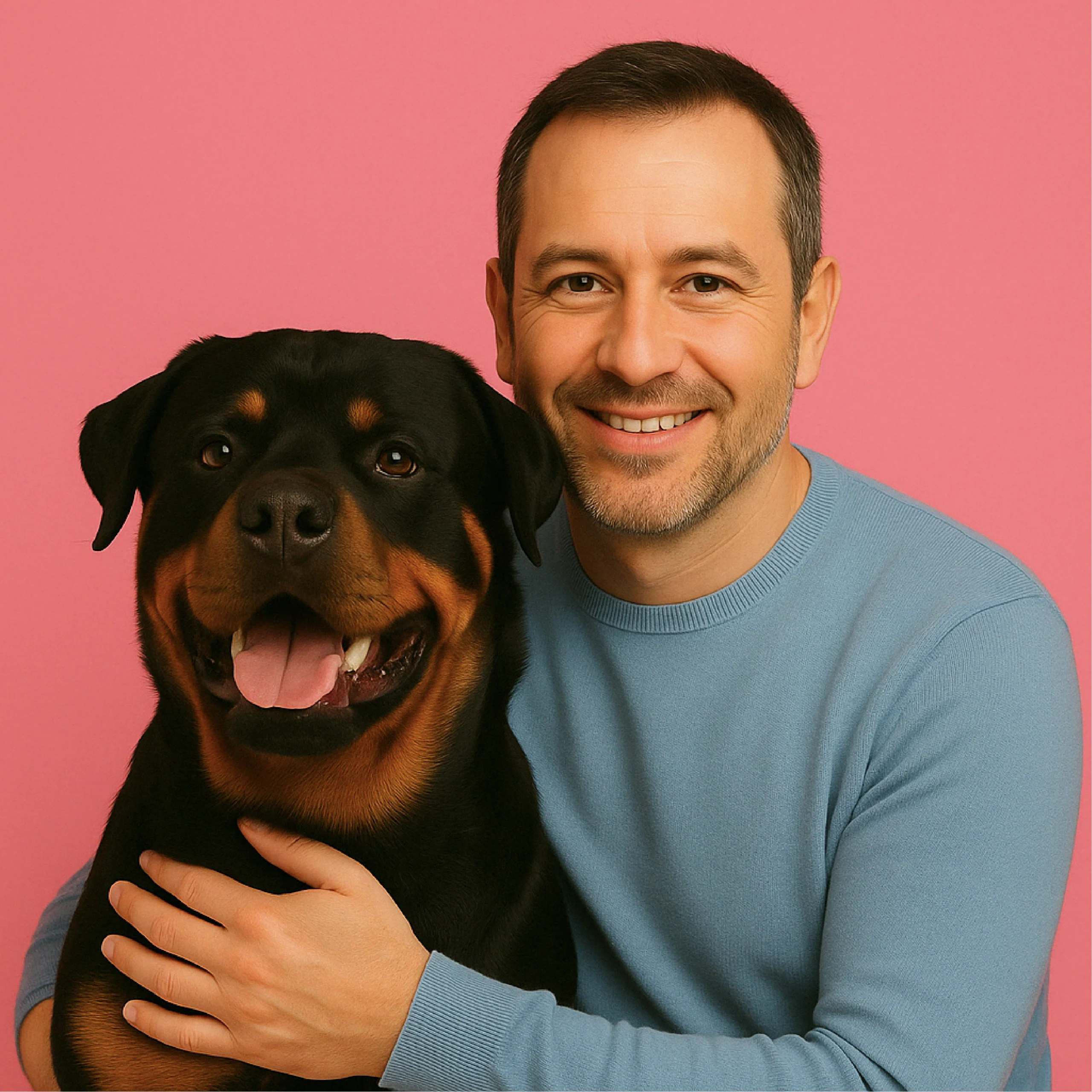 Roberto De Santis posa sorridendo accanto al suo cane Thor, un Rottweiler, su sfondo rosa. Entrambi testimonial del benessere offerto da Collar Club