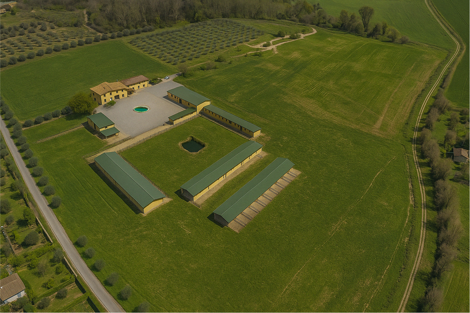 Veduta dall’alto della struttura Collar Club, pet resort multifunzionale con ampi spazi verdi, situato nella campagna a nord di Roma